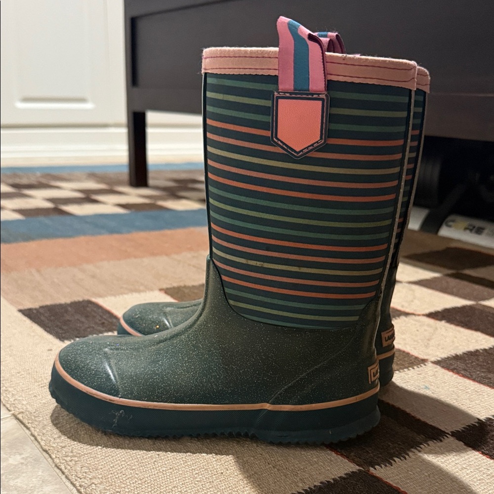 Lands' End Insulated Green and Pink Striped Boots For Snow/Rain